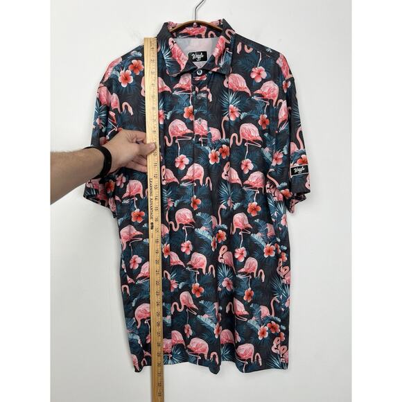 Waggle Golf Polo‎ Shirt Men's Large Navy Jungle Pink Flamingo Hawaiian Blossom - Picture 5 of 7